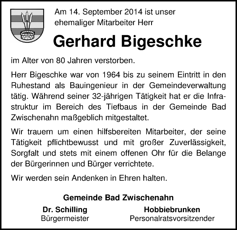  Traueranzeige für Gerhard Bigeschke vom 17.09.2014 aus Nordwest-Zeitung