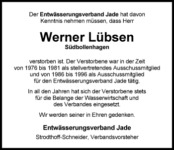 Traueranzeige von Werner Lübsen von Nordwest-Zeitung