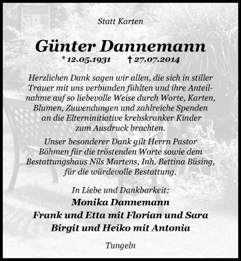 Traueranzeige von Günter Dannemann von Nordwest-Zeitung