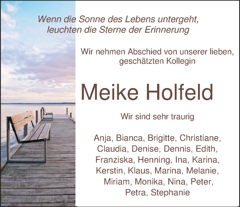  Traueranzeige für Meike Holfeld vom 19.09.2014 aus Nordwest-Zeitung