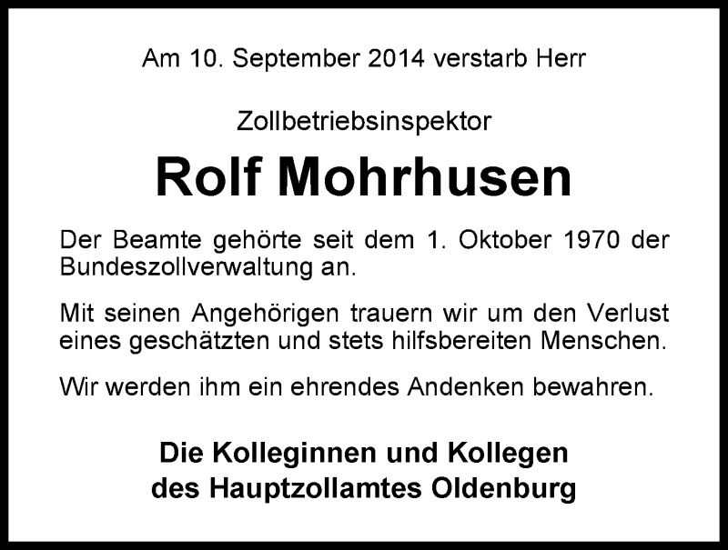  Traueranzeige für Rolf Mohrhusen vom 18.09.2014 aus Nordwest-Zeitung