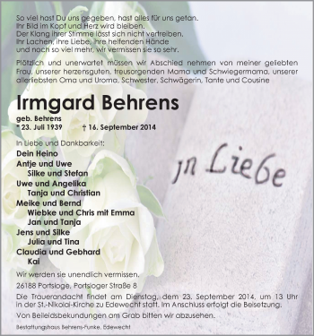 Traueranzeige von Irmgard Behrens von Nordwest-Zeitung