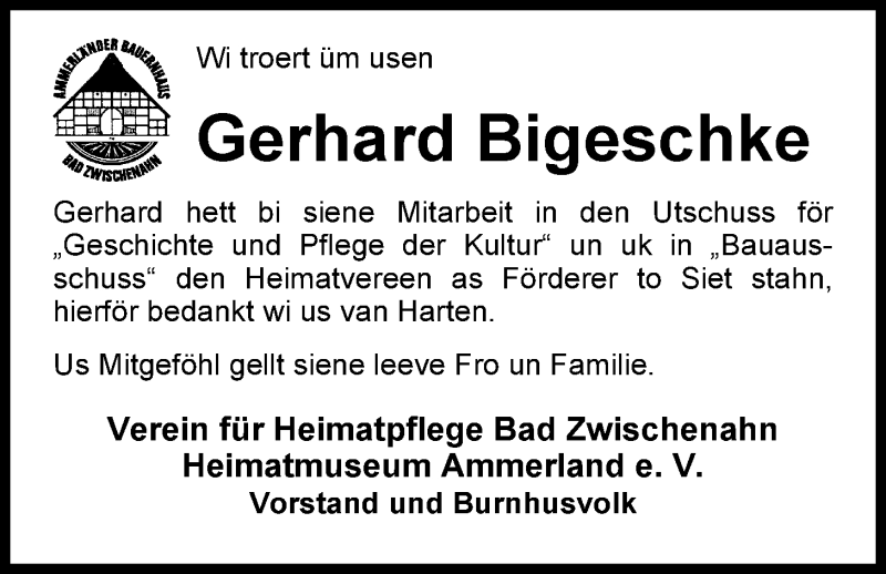  Traueranzeige für Gerhard Bigeschke vom 18.09.2014 aus Nordwest-Zeitung
