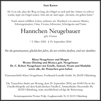 Traueranzeige von Hannchen Neugebauer von Nordwest-Zeitung