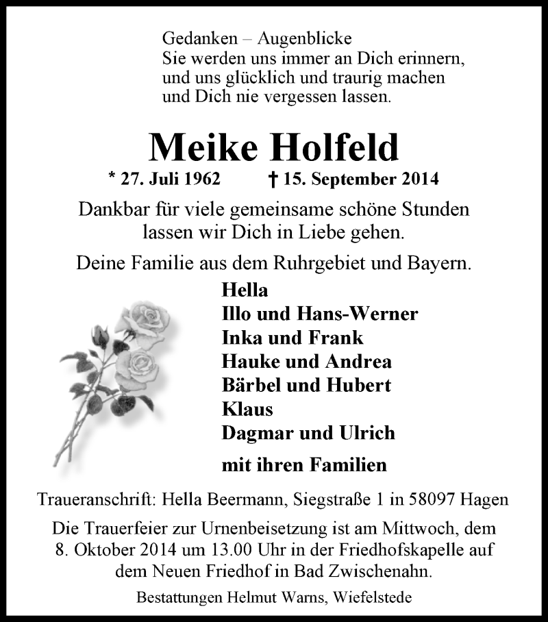  Traueranzeige für Meike Holfeld vom 19.09.2014 aus Nordwest-Zeitung