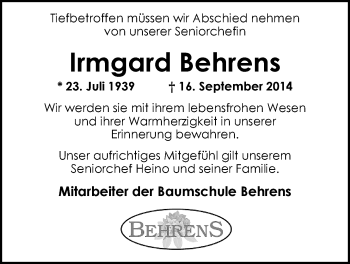 Traueranzeige von Irmgard Behrens von Nordwest-Zeitung