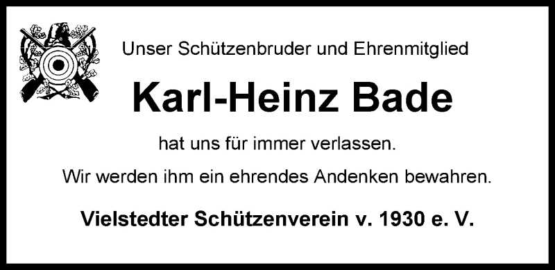  Traueranzeige für Karl Heinz Bade vom 19.09.2014 aus Nordwest-Zeitung