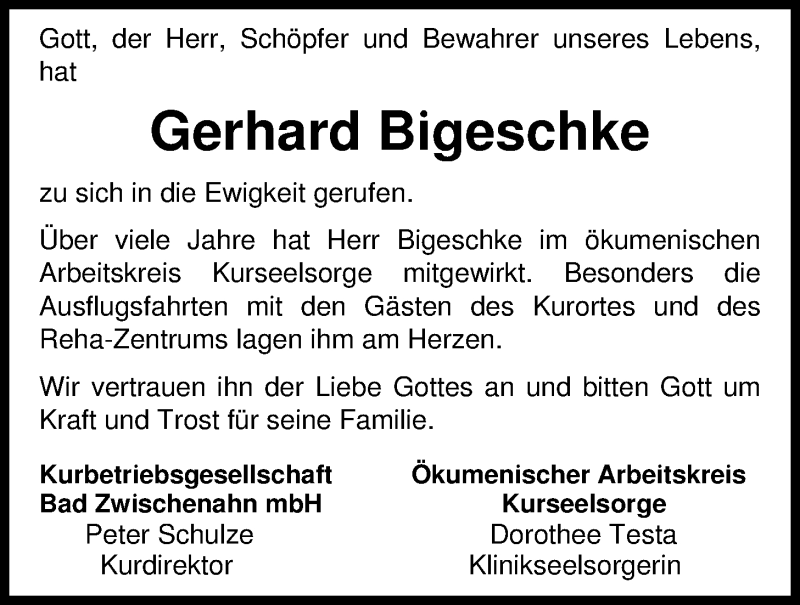  Traueranzeige für Gerhard Bigeschke vom 19.09.2014 aus Nordwest-Zeitung