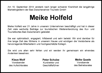 Traueranzeige von Meike Holfeld von Nordwest-Zeitung