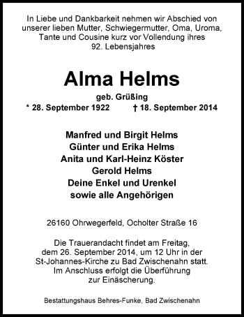 Traueranzeige von Alma Helms von Nordwest-Zeitung
