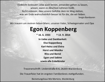Traueranzeige von Egon Koppenberg von Nordwest-Zeitung