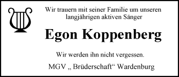Traueranzeige von Egon Koppenberg von Nordwest-Zeitung