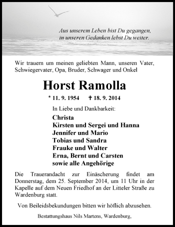 Traueranzeige von Horst Ramolla von Nordwest-Zeitung