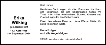 Traueranzeige von Erika Wilking von Nordwest-Zeitung