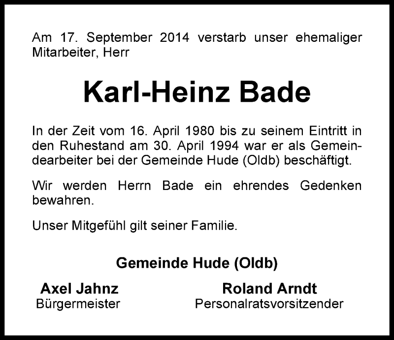  Traueranzeige für Karl Heinz Bade vom 20.09.2014 aus Nordwest-Zeitung