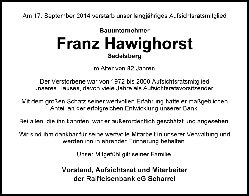 Traueranzeige für Franz Hawighorst  vom 20.09.2014 aus Nordwest-Zeitung