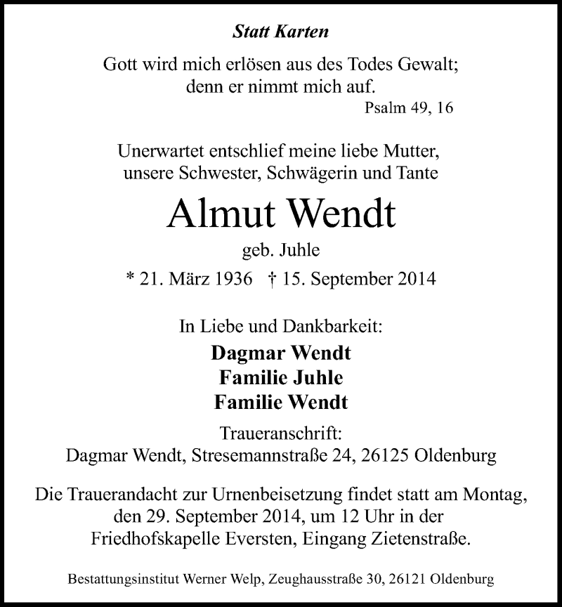  Traueranzeige für Almut Wendt vom 20.09.2014 aus Nordwest-Zeitung