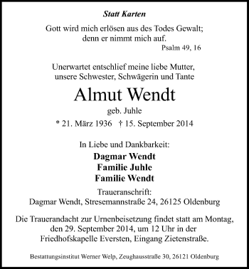 Traueranzeige von Almut Wendt von Nordwest-Zeitung