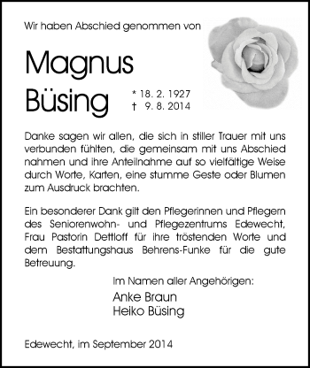 Traueranzeige von Magnus Büsing von Nordwest-Zeitung