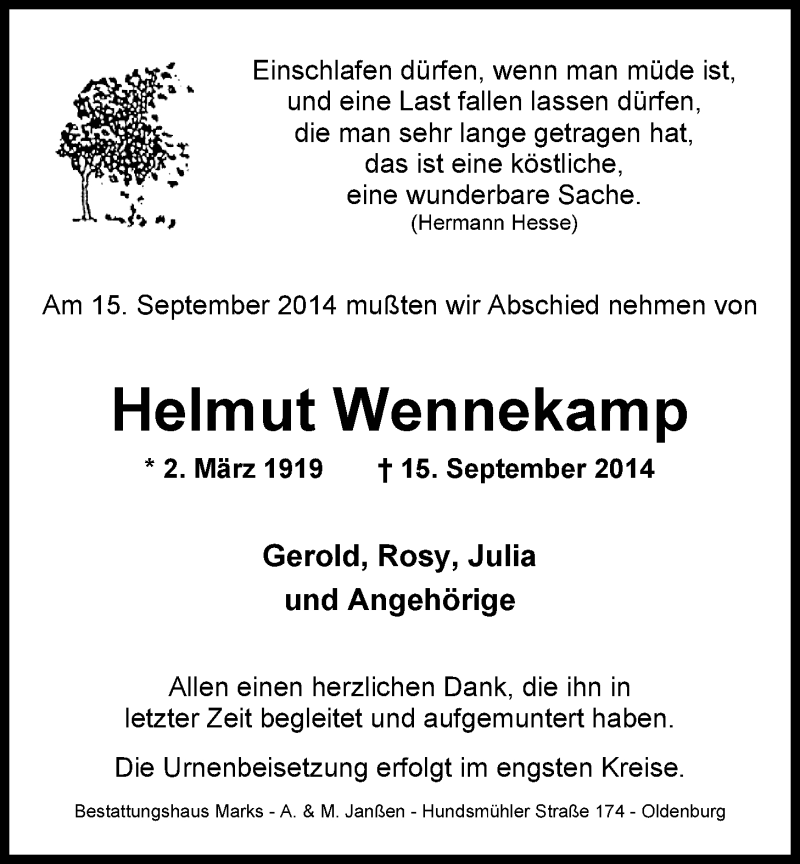  Traueranzeige für Helmut Wennekamp vom 22.09.2014 aus Nordwest-Zeitung