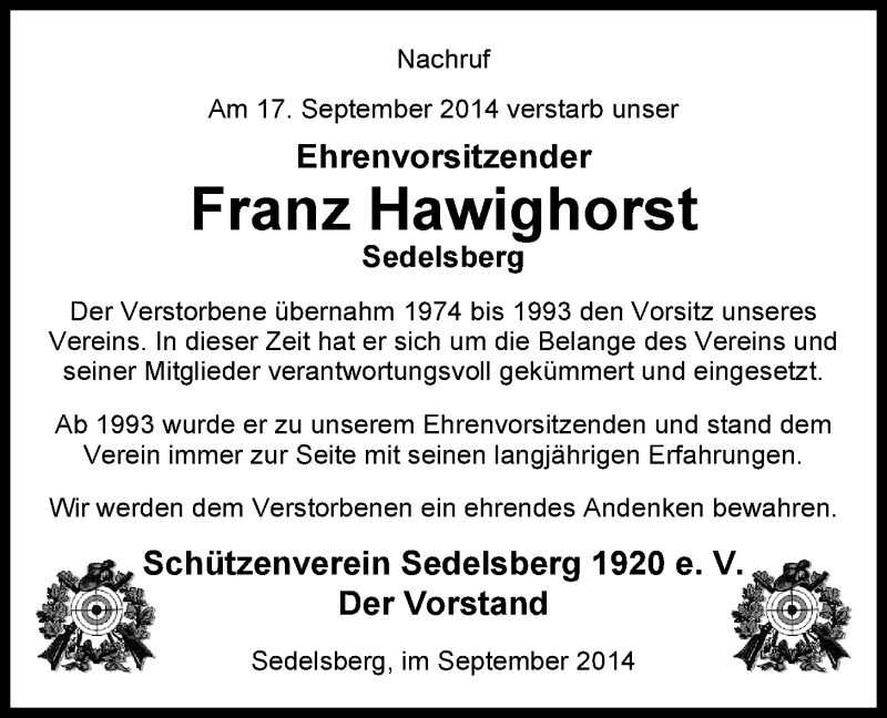  Traueranzeige für Franz Hawighorst  vom 22.09.2014 aus Nordwest-Zeitung