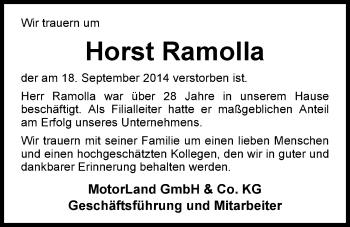 Traueranzeige von Horst Ramolla von Nordwest-Zeitung