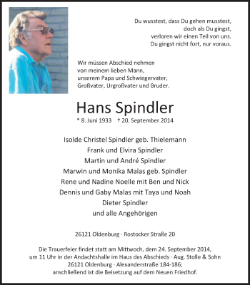 Traueranzeige von Hans Spindler von Nordwest-Zeitung