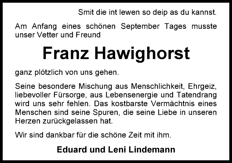  Traueranzeige für Franz Hawighorst  vom 23.09.2014 aus Nordwest-Zeitung