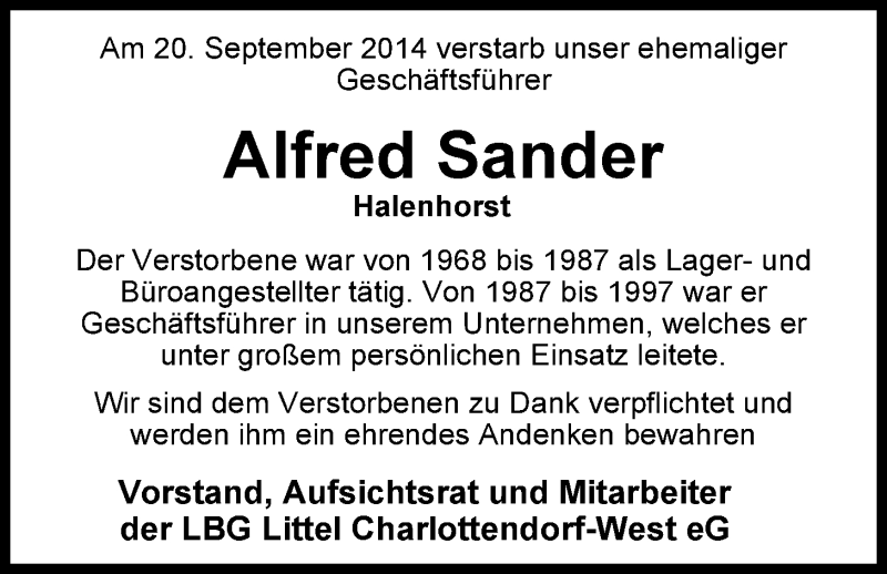  Traueranzeige für Alfred Sander vom 23.09.2014 aus Nordwest-Zeitung