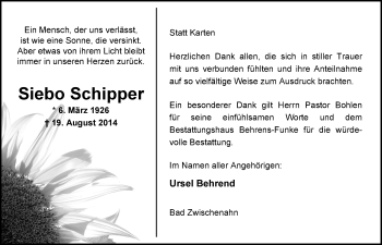Traueranzeige von Siebo Schipper von Nordwest-Zeitung