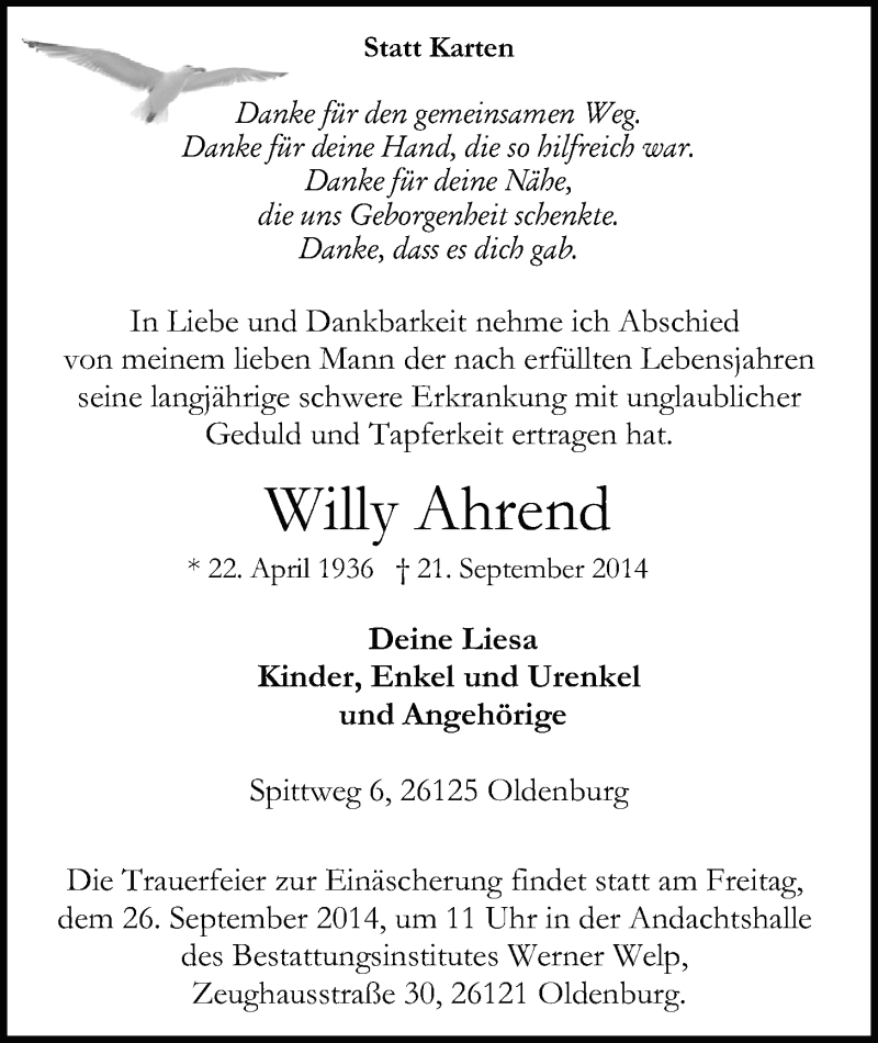  Traueranzeige für Willy Ahrend vom 23.09.2014 aus Nordwest-Zeitung
