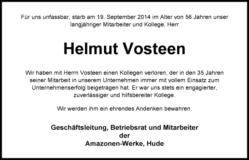  Traueranzeige für Helmut Vosteen vom 24.09.2014 aus Nordwest-Zeitung