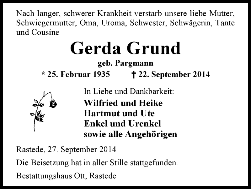  Traueranzeige für Gerda Grund vom 26.09.2014 aus Nordwest-Zeitung