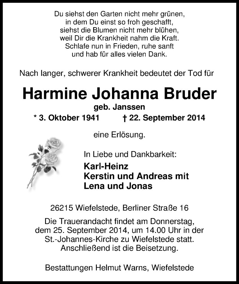  Traueranzeige für Harmine Johanna Bruder vom 24.09.2014 aus Nordwest-Zeitung