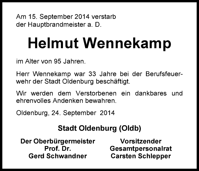  Traueranzeige für Helmut Wennekamp vom 24.09.2014 aus Nordwest-Zeitung