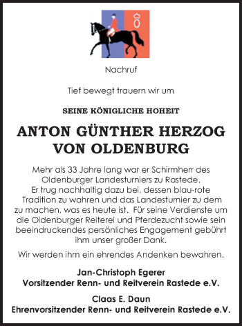 Traueranzeige von Anton Günther  Herzog von Oldenburg von Nordwest-Zeitung