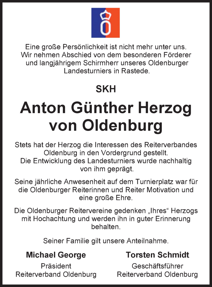  Traueranzeige für Anton Günther  Herzog von Oldenburg vom 24.09.2014 aus Nordwest-Zeitung