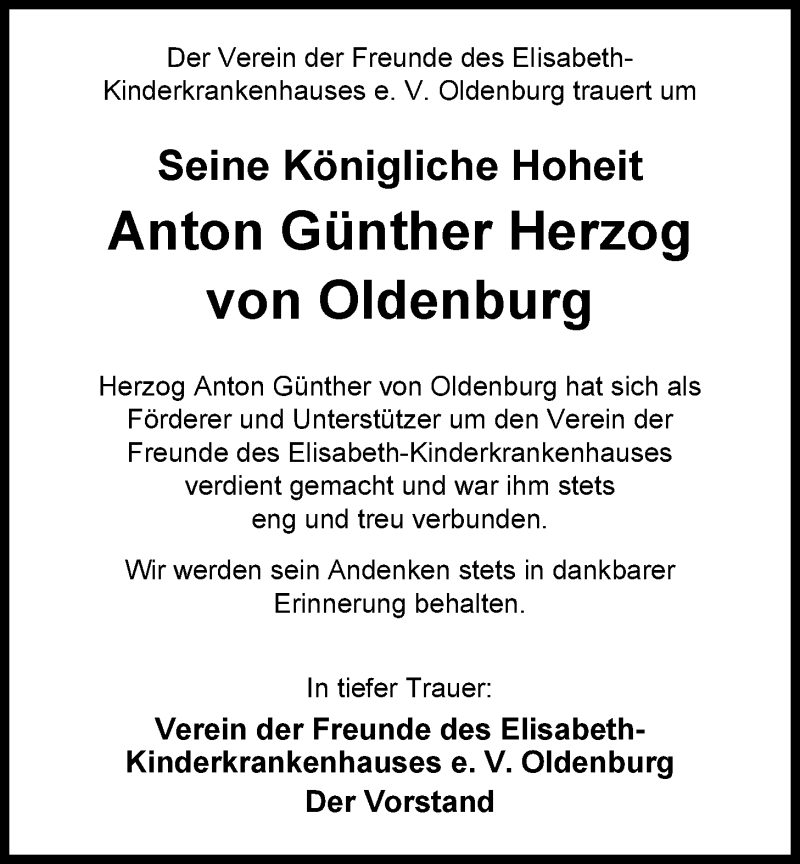  Traueranzeige für Anton Günther  Herzog von Oldenburg vom 24.09.2014 aus Nordwest-Zeitung