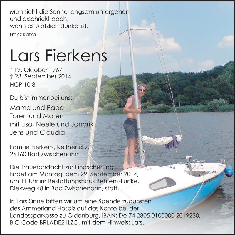  Traueranzeige für Lars Fierkens vom 25.09.2014 aus Nordwest-Zeitung