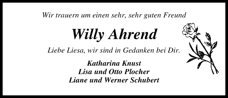  Traueranzeige für Willy Ahrend vom 25.09.2014 aus Nordwest-Zeitung