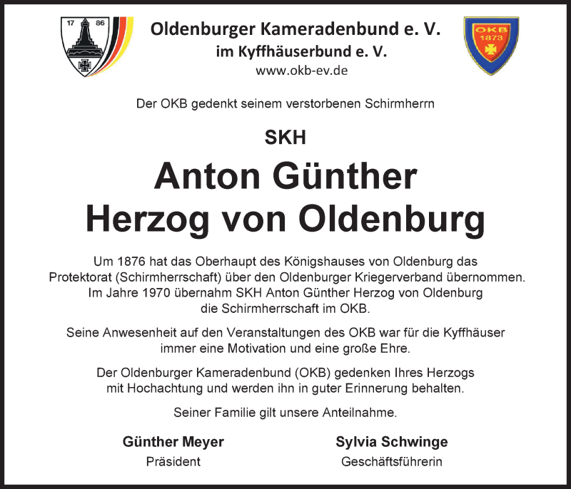  Traueranzeige für Anton Günther  Herzog von Oldenburg vom 25.09.2014 aus Nordwest-Zeitung