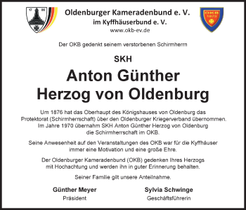 Traueranzeige von Anton Günther  Herzog von Oldenburg von Nordwest-Zeitung