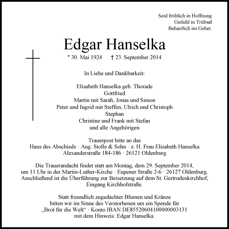  Traueranzeige für Edgar Hanselka vom 26.09.2014 aus Nordwest-Zeitung