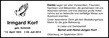 Traueranzeige von Irmgard Korf von Nordwest-Zeitung