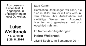 Traueranzeige von Luise Wellbrock von Nordwest-Zeitung