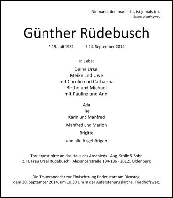 Traueranzeige von Günther Rüdebusch von Nordwest-Zeitung