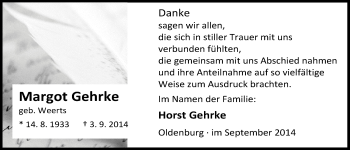 Traueranzeige von Margot Gehrke von Nordwest-Zeitung