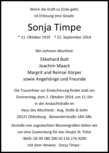 Traueranzeige von Sonja Timpe von Nordwest-Zeitung