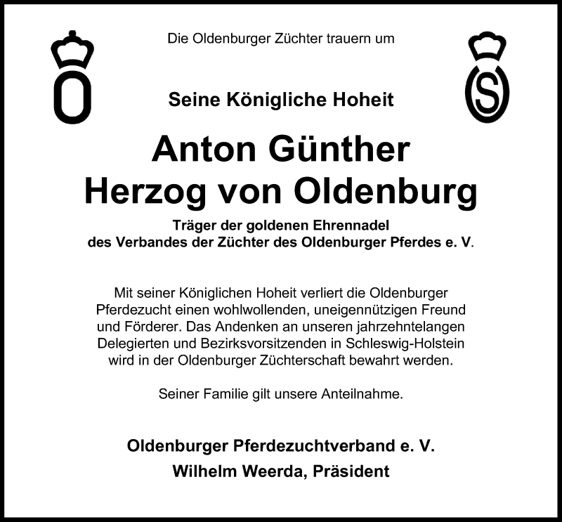  Traueranzeige für Anton Günther  Herzog von Oldenburg vom 27.09.2014 aus Nordwest-Zeitung