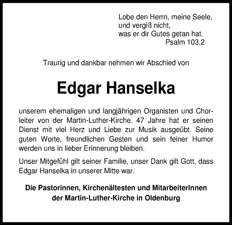  Traueranzeige für Edgar Hanselka vom 26.09.2014 aus Nordwest-Zeitung